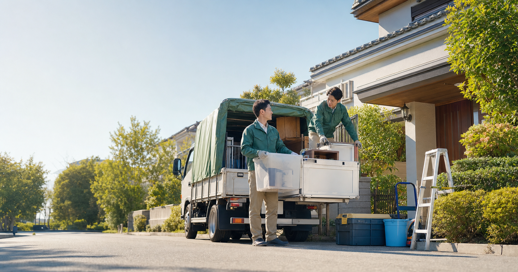 そめや生活支援部のスタッフが住宅街で作業準備をしているイメージ
